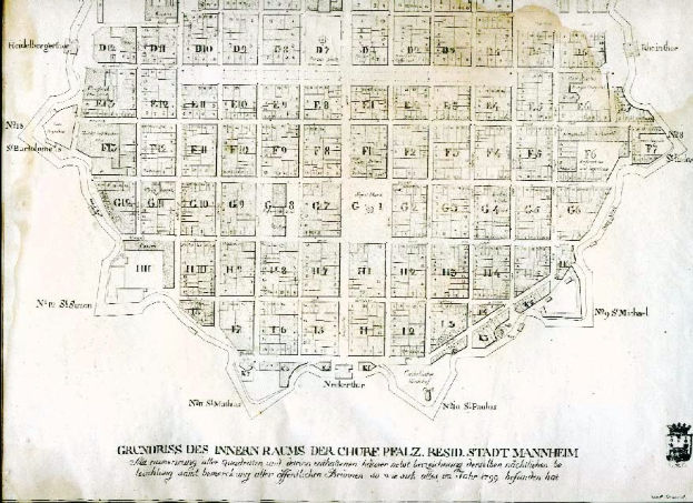 Old detailed map of Berlin, Germany, with streets, buildings, and landmarks on a black background.