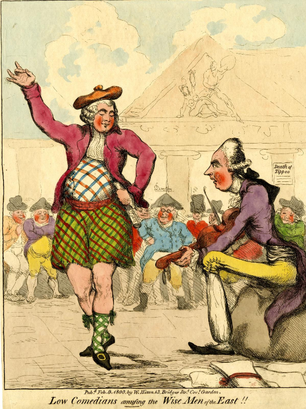 Zeichnung eines Mannes in einem Kilt und einer Frau in einem Kleid, die vor einem Publikum auf einer Bühne stehen, mit einem Gebäude im Hintergrund und Wolken am Himmel, und der Text 'Niedrige Komiker amüsieren die weisen Männer des Ostens' unten