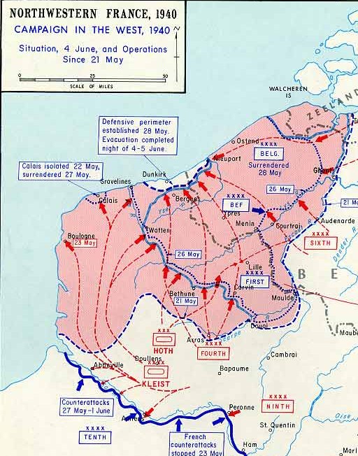 Detailierte Landkartenposter von Nordfrankreich während des Westfeldzugs 1940, annotiert mit Text und numerischen Daten.