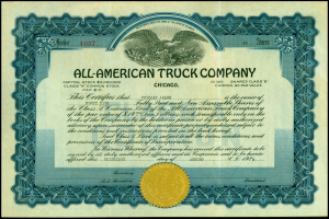 Ein Aktienzertifikat einer US-amerikanischen Lkw-Firma mit schwarzem Rand und goldenem Siegel in der Mitte, das gedruckte Text enthält, der Informationen über die Firma enthält.