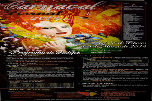 Eine Frau in einem bunten Kleid, die lächelt und von schwarzem Text umgeben ist, der "Carnaval Festival 2014" auf einem leuchtend gelben Hintergrund liest.