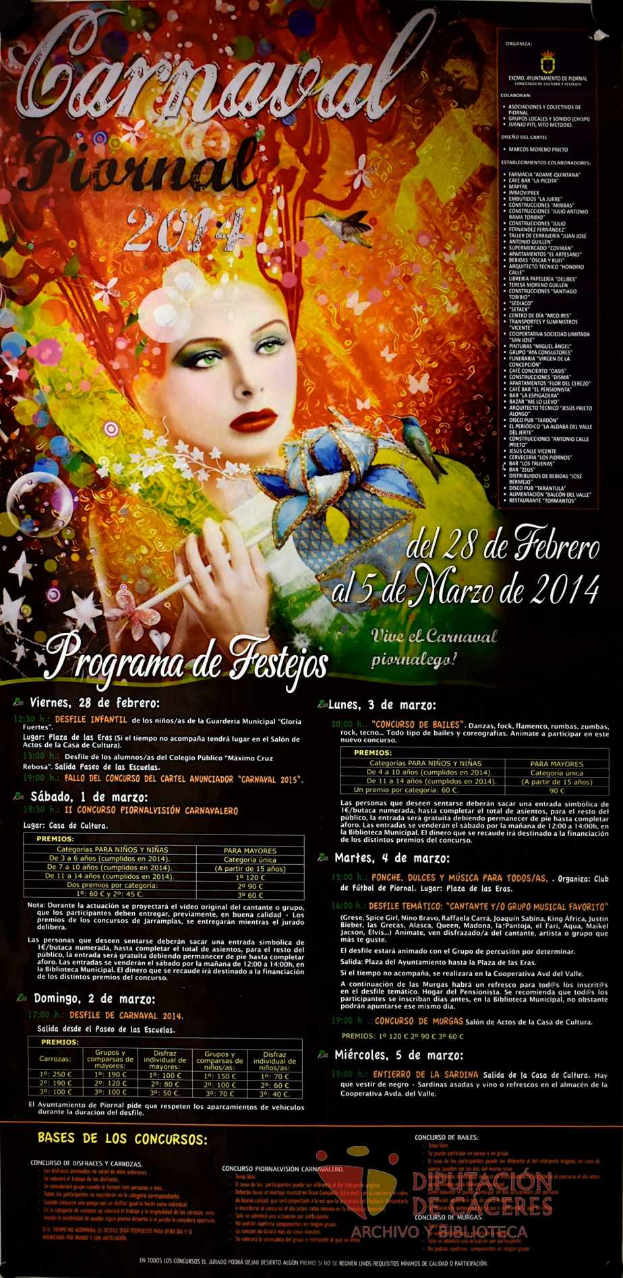 Eine Frau in einem bunten Kleid, die lächelt und von schwarzem Text umgeben ist, der "Carnaval Festival 2014" auf einem leuchtend gelben Hintergrund liest.