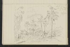 Ein offenes Skizzenbuch, das eine Zeichnung einer Gruppe von Menschen zeigt, die in einem üppigen, grünen Dschungel mit hohen Bäumen stehen, unter einem tiefblauen Himmel mit vereinzelten weißen Wolken und strahlendem Sonnenschein.