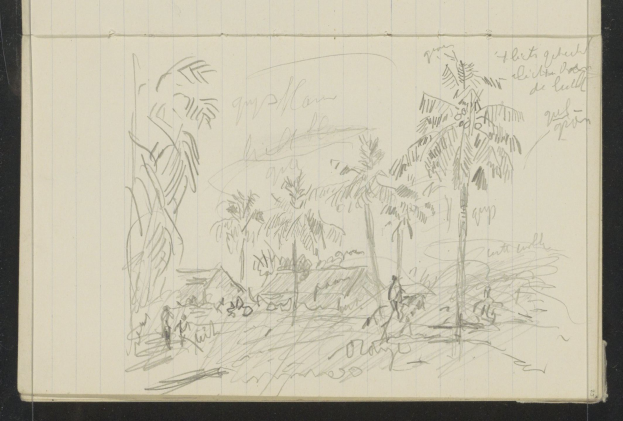 Ein offenes Skizzenbuch, das eine Zeichnung einer Gruppe von Menschen zeigt, die in einem üppigen, grünen Dschungel mit hohen Bäumen stehen, unter einem tiefblauen Himmel mit vereinzelten weißen Wolken und strahlendem Sonnenschein.