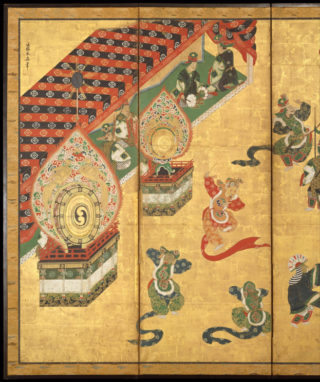 Japanisches Vier-Paneel-Bildschirm mit einem detaillierten Gemälde eines Mannes und einer Frau vor einem schwarzen Hintergrund, in leuchtenden Farben dargestellt.