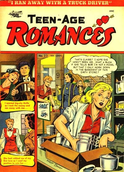 Ein farbenfroher DC-Comics-Plakat titled 'Teen-Age Romances 23-A', das eine Gruppe von Menschen in einer fröhlichen, romantischen Umarmung mit fetter Schrift und leuchtenden Farben zeigt.