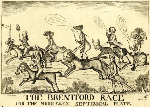 Plakat, das ein Pferderennen mit Reitern in historischer Kleidung, Pflanzen im Hintergrund und Text unten zeigt.