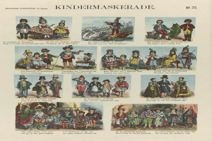 Ein Buch mit verschiedenen Kindern in bunten Kostümen, einschließlich Masken und Hüten, mit begleitendem Text, der wahrscheinlich die Kostüme beschreibt.