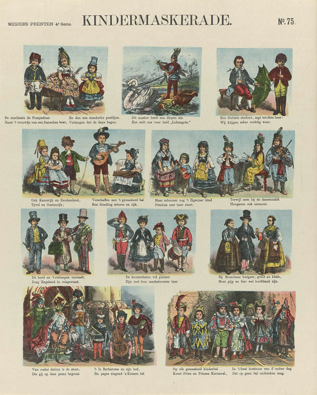 Ein Buch mit verschiedenen Kindern in bunten Kostümen, einschließlich Masken und Hüten, mit begleitendem Text, der wahrscheinlich die Kostüme beschreibt.