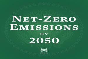 Grüne Hintergrund mit fettem weißem Text, der "netto-null-Emissionen bis 2050" liest
