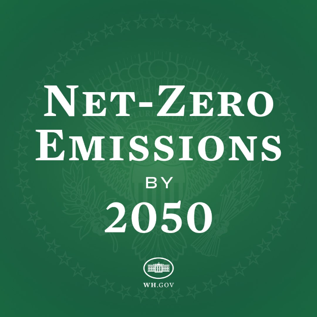 Grüne Hintergrund mit fettem weißem Text, der "netto-null-Emissionen bis 2050" liest