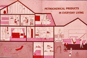 Ein Plakat eines Wohnzimmers mit Möbeln wie einem Sofa, Stühlen, Tischen und einem Fahrrad, mit der Aufschrift "Petrochemische Produkte im Alltag".