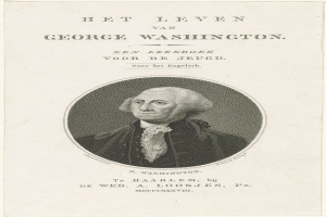 Porträt von George Washington auf Papier mit Text, der nach vorne schaut, mit ernstem Gesichtsausdruck, trägt Anzug und Krawatte, markante Nase und Kinn.