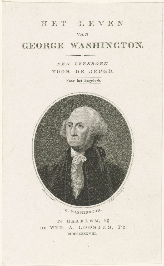 Porträt von George Washington auf Papier mit Text, der nach vorne schaut, mit ernstem Gesichtsausdruck, trägt Anzug und Krawatte, markante Nase und Kinn.