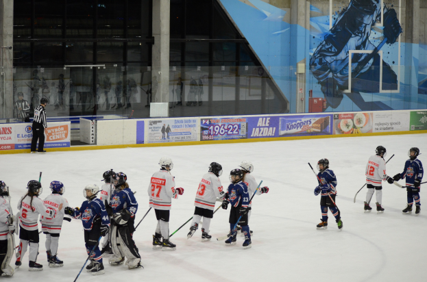Gruppe junger Menschen, die Eis-hoc-key auf einer Indoor-Eisbahn spielen, mit Helmen und Stöcken, während eine Person links steht und Banner, Säulen und Glaswände im Hintergrund zu sehen sind.