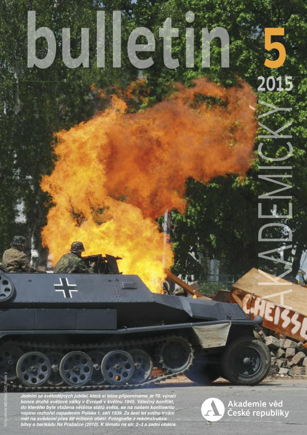 Ein Plakat mit einem brennenden Fahrzeug auf einer Straße, umgeben von Bäumen, mit der Aufschrift "Bulletin 5 2015".