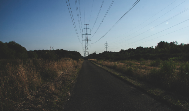 Eine Straße mit Stromleitungen, die von saftigem Grün und Bäumen gesäumt ist, mit hohen Türmen und Drähten im Hintergrund vor einem klaren blauen Himmel.