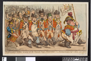 Eine Gruppe von Männern in Militäruniformen marschiert die Straße entlang, einer hält einen Stock, mit Text unten: "Zusätzliche Miliz, Ausmarsch für 20-tägiges Vergnügen".