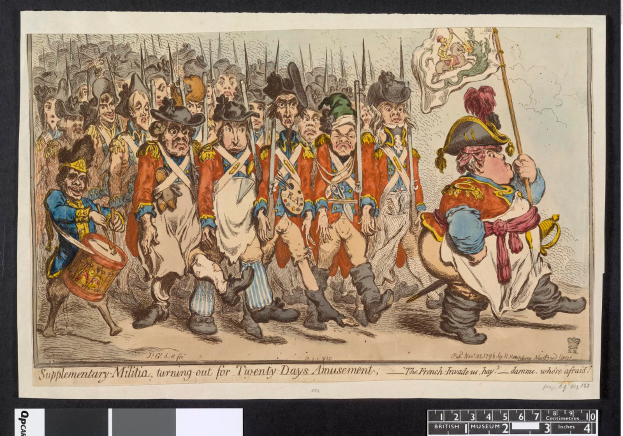 Eine Gruppe von Männern in Militäruniformen marschiert die Straße entlang, einer hält einen Stock, mit Text unten: "Zusätzliche Miliz, Ausmarsch für 20-tägiges Vergnügen".