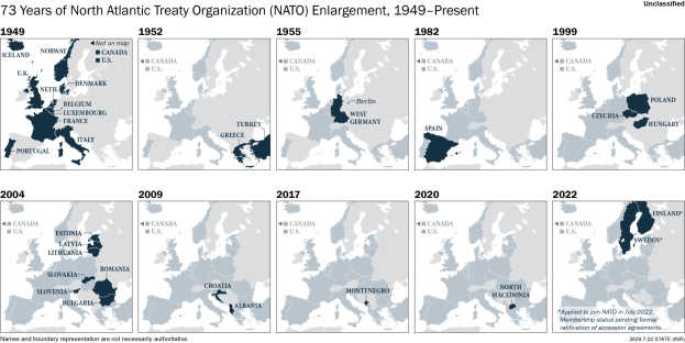 Eine Zeitleiste, die die Erweiterung der NATO von 1949 bis heute zeigt, mit Regionen, die farblich nach dem Beitrittsjahr unterteilt sind.