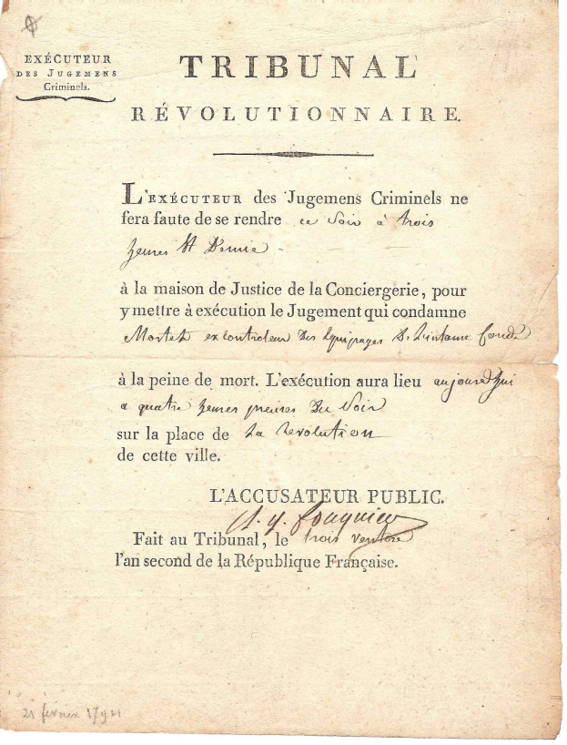 Altes französisches Rechtsdokument mit dem Titel 'Tribunal Révolutionnaire', das Hinrichtungsurteile enthält, mit gelbem Papier und Kursivschrift.