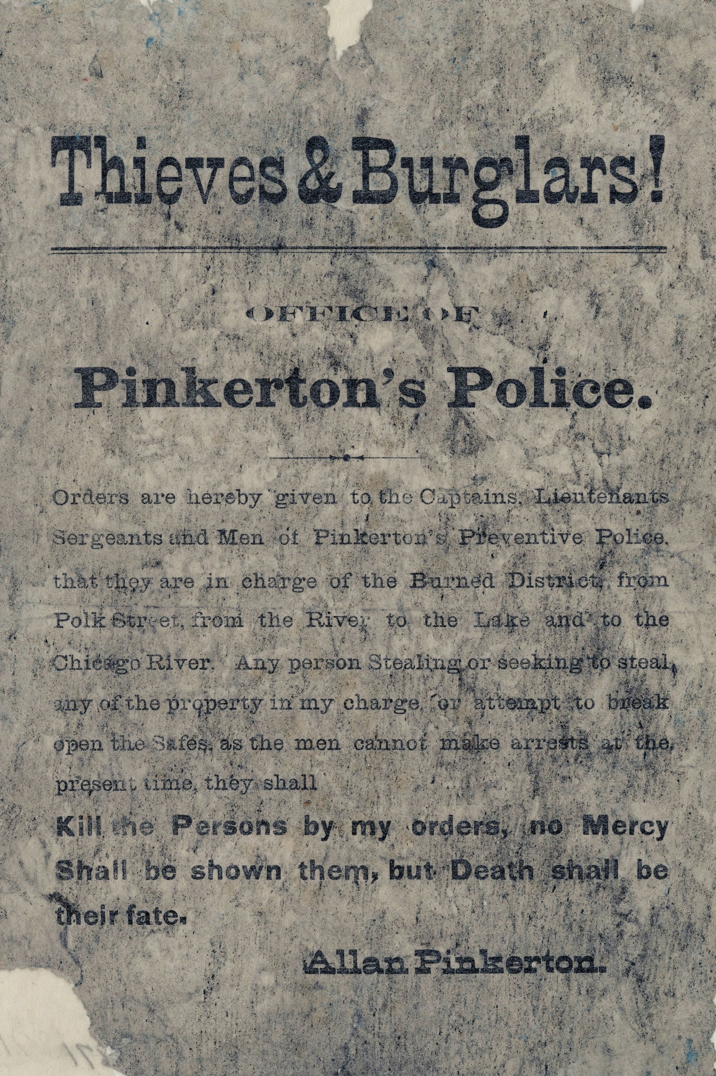 Ein Plakat mit fettem schwarzem Text, der "Thieves & Burglars Pinkerton's Police" lautet, auf einem weißen Hintergrund, eingerahmt von einem schmalen schwarzen Rand.