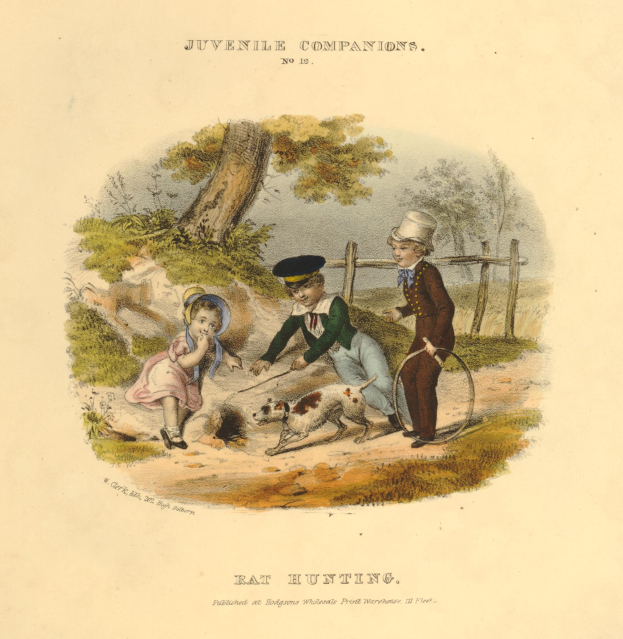 Eine Bleistiftzeichnung von drei Kindern, die mit einem Hund in einem Park spielen, umgeben von Bäumen, Pflanzen und einem Zaun, mit Text unten.