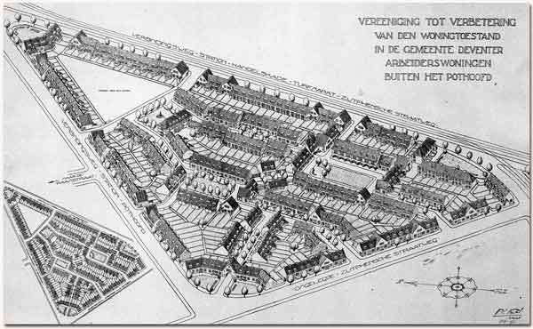 Schwarzes und weißes Architekturplan eines Stadt mit zahlreichen Gebäuden, wahrscheinlich ein Rathauses, einschließlich geschriebener Text.