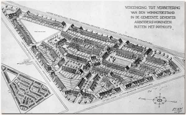 Schwarzes und weißes Architekturplan eines Stadt mit zahlreichen Gebäuden, wahrscheinlich ein Rathauses, einschließlich geschriebener Text.