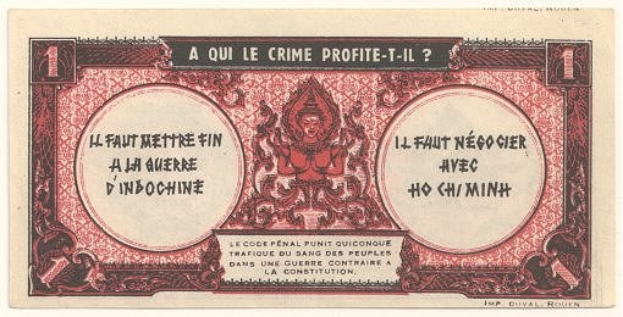 Alte französische Banknote mit ernstem Mann im Anzug, Text "A qui le crime profite-il?" und schwarzem Rand auf weißem Hintergrund.