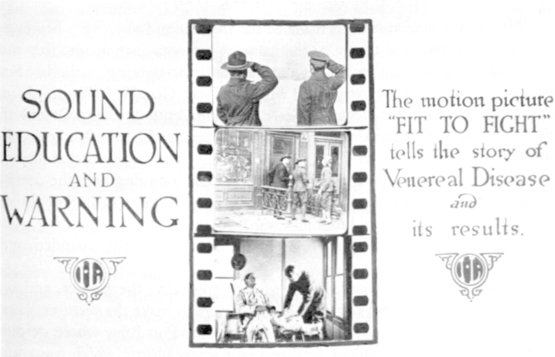 Schwarz-weiß-Plakat mit einer Gruppe von beunruhigten Menschen in einem Raum, betitelt mit 'sound education and warning' oben.