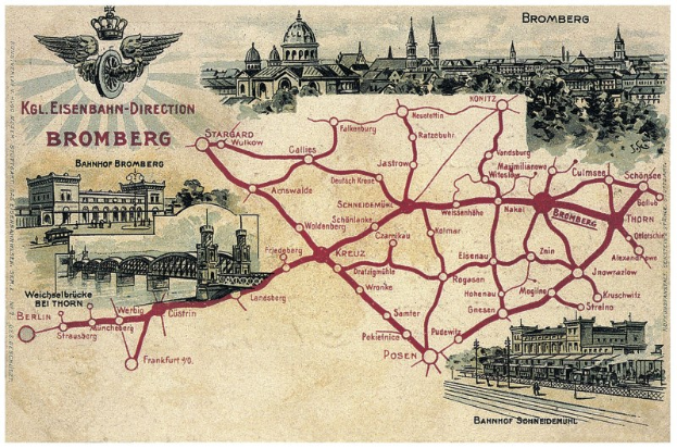 Ausführliche Plakataushangkarte von Bromberg, Deutschland, mit Straßen, Sehenswürdigkeiten, Gebäuden, Bäumen, einer Brücke und informativen Texten zur Geschichte, Kultur und Attraktionen der Stadt.