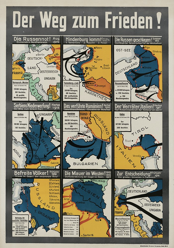 Plakat mit dem Titel "Der Weg zum Frieden" mit einer bunten Deutschlandkarte und fetter Schrift.