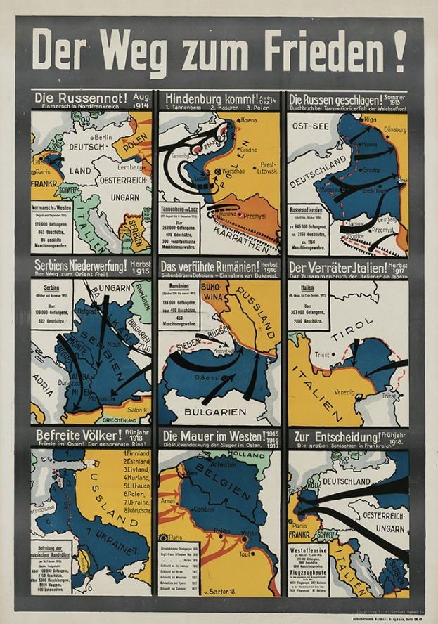 Plakat mit dem Titel "Der Weg zum Frieden" mit einer bunten Deutschlandkarte und fetter Schrift.