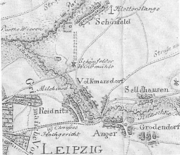 Alte detaillierte Karte von Leipzig, Deutschland, zeigt Straßen, Gebäude und Sehenswürdigkeiten mit begleitendem Text.