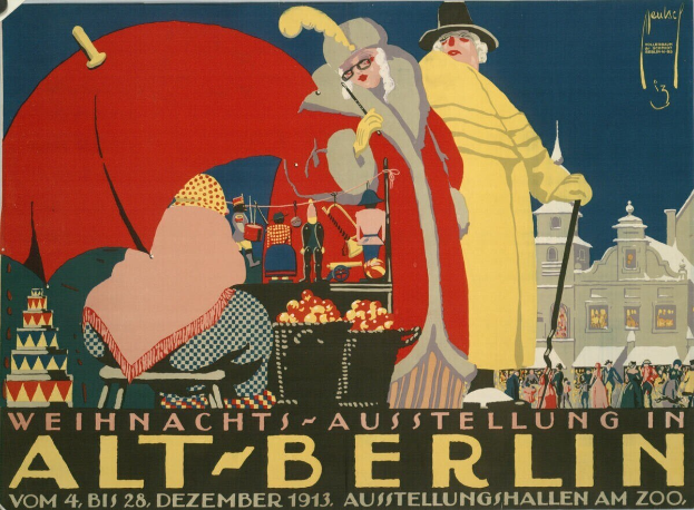 Plakat, das ein Zirkus in Berlin, Deutschland, ankündigt, mit Künstlern in bunten Kostümen vor einem hohen, imposanten Gebäude mit Text.