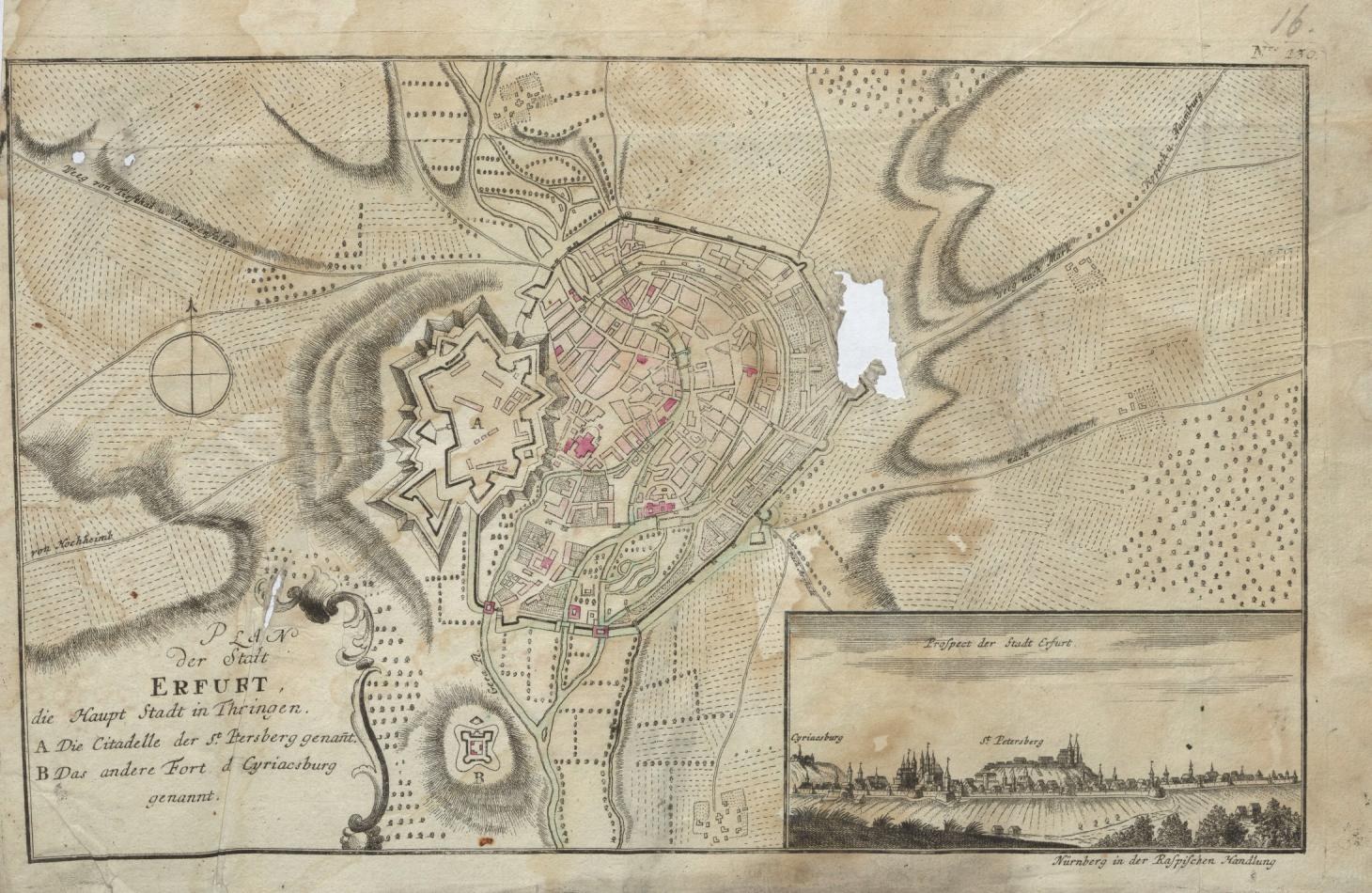 Alte detaillierte Karte von Erfurt, Deutschland, die Straßen, Gebäude und Sehenswürdigkeiten zeigt.