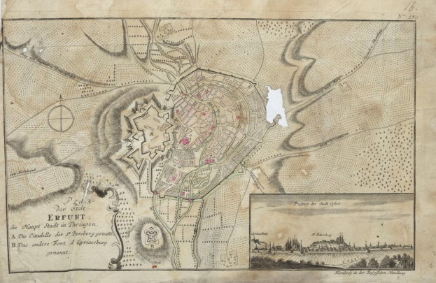 Alte detaillierte Karte von Erfurt, Deutschland, die Straßen, Gebäude und Sehenswürdigkeiten zeigt.