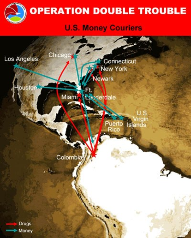 Plakat mit der Aufschrift "Operation Double Trouble: US-Geldkurier" mit einer Karte der USA, die in zwei Abschnitte unterteilt ist: einer zeigt die Routen der US-Geldkurier und der andere zeigt die Standorte der Geldtransportunternehmen.