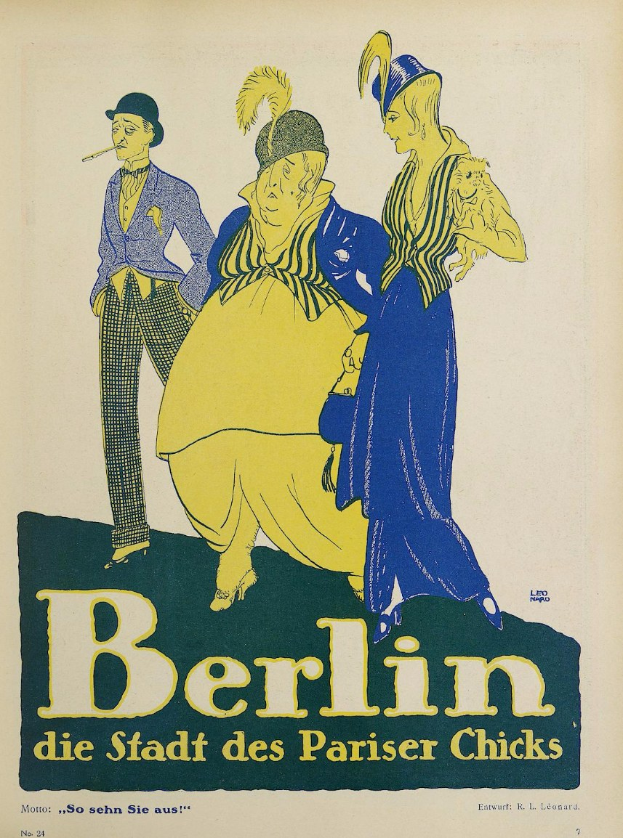 Plakat für ein Konzert in Berlin, Deutschland, mit einer Gruppe von Menschen in bunter Kleidung vor einem Gebäude mit der Überschrift "Berlin - Die Stadt des Pariser Chicks" oben.