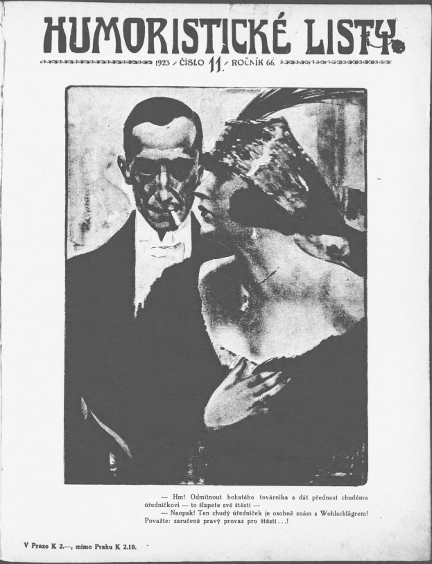 Schwarzes und weißes Magazin-Cover mit der Überschrift 'Humoristische Liste', das einen Mann in einem Anzug mit ernster Miene und eine Frau zeigt, die wegschaut und leicht schmunzelt.