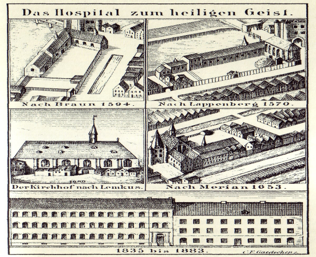 Ausführliche Abbildung eines deutschen Krankenhausgebäudes auf einem Plakat mit sichtbaren Fenstern, Türen und Balkonen sowie begleitendem Text.