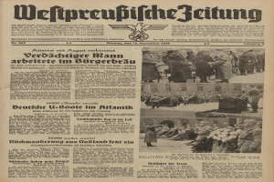 Titelseite einer deutschen Zeitung vom 13. November 1939, betitelt "Weitpreubliche Zeitung", mit einer Gruppe von Menschen in traditioneller deutscher Kleidung in einer feierlichen Umgebung.