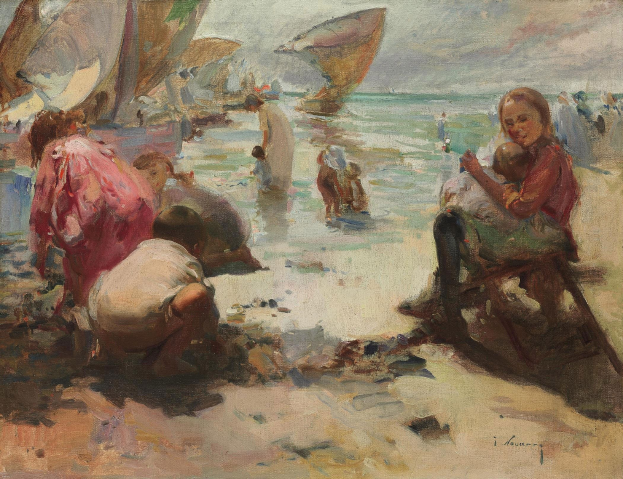Gemälde mit dem Titel 'Bather auf dem Strand' von Jean-Baptiste-Camille Corot, das eine Gruppe von Menschen am Strand mit Booten im Wasser und einem bewölkten Himmel zeigt.
