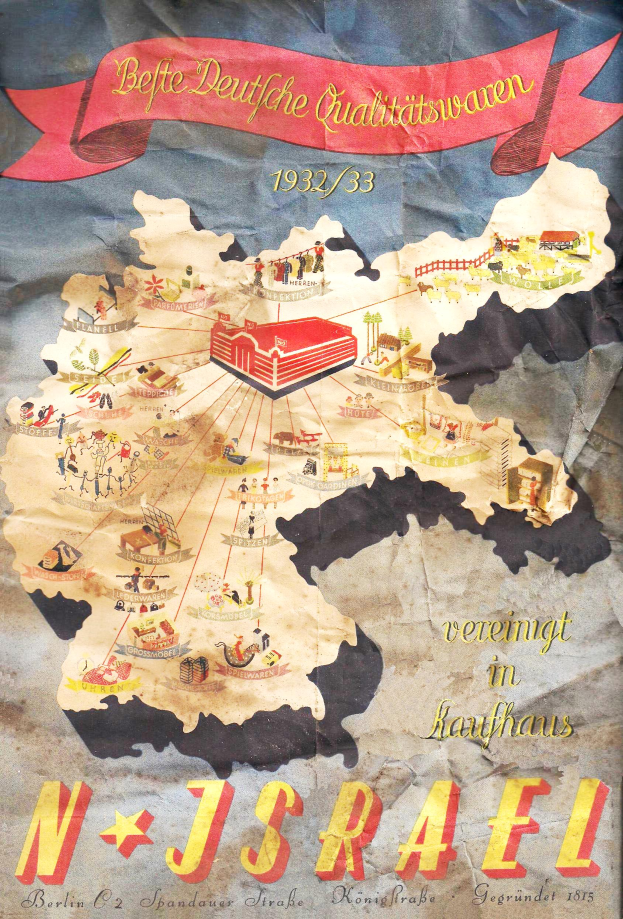 Ein altes Plakat mit einer detaillierten Karte von Israel, verziert mit verschiedenen Symbolen und Text.