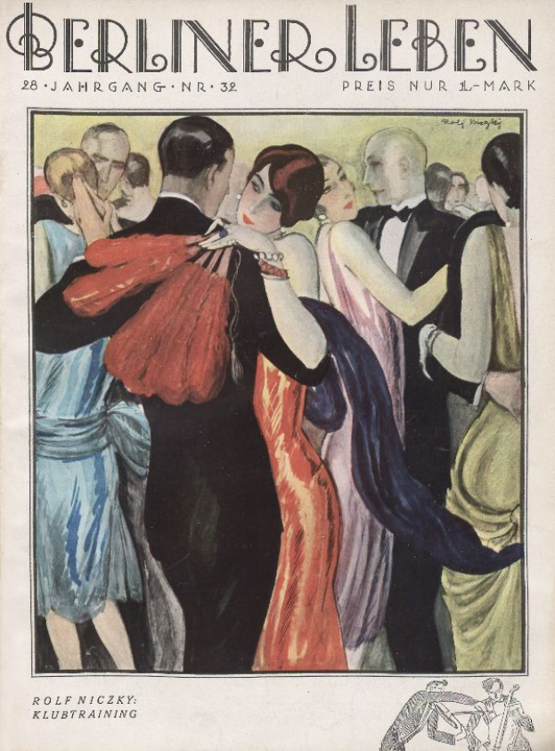 Ein Magazin-Cover mit einem Gemälde von einem Mann und einer Frau, die tanzen, wobei der Mann einen Anzug und die Frau ein Kleid trägt, sowie der Text 'Berliner Leben' und ein Logo unten.