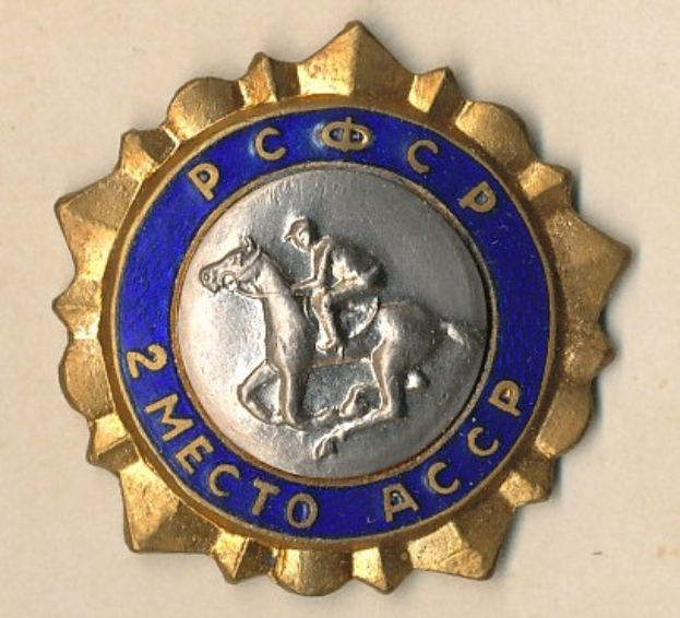 Ein gold-blauer Kreisabzeichen mit einem Pferd und Reiter in der Mitte und Text rundherum.