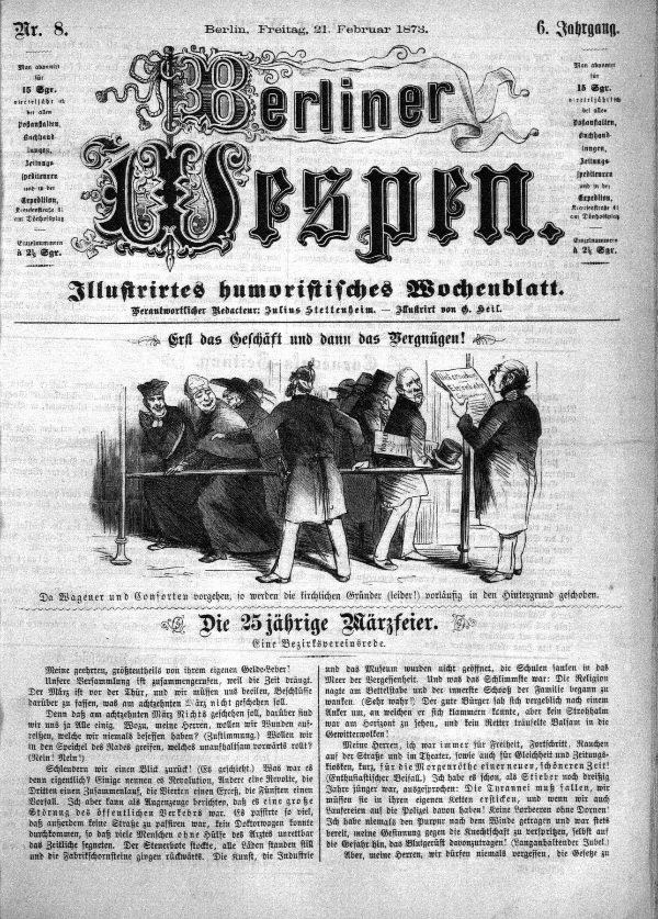 Alte deutsche Zeitung "Berliner Wespen" vom 21. Februar 1873 mit einer Gruppe von Menschen in traditioneller deutscher Kleidung, die sich unterhalten, und deutscher Text, der das Ereignis beschreibt.