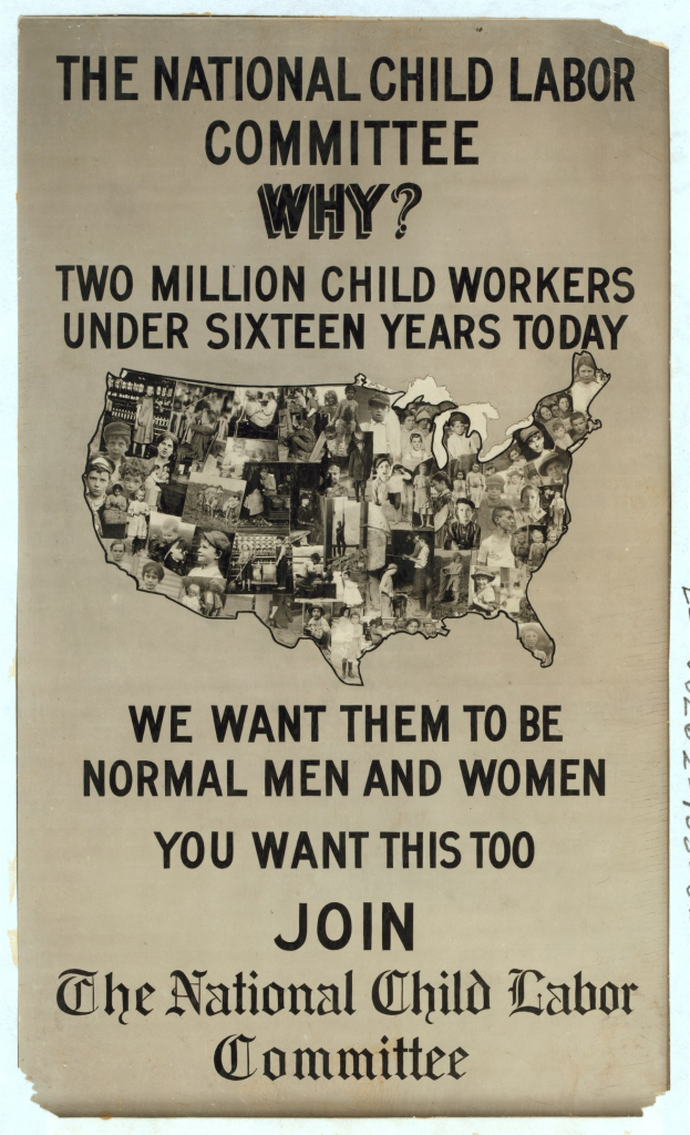 Plakat mit der Aufschrift "Nationaler Ausschuss für Kinderarbeit: Warum? Zweieinhalb Millionen Kinderarbeiter unter sechzehn Jahren heute" mit einer USA-Karte und mehreren menschlichen Figuren, die Ausschussmitglieder darstellen.