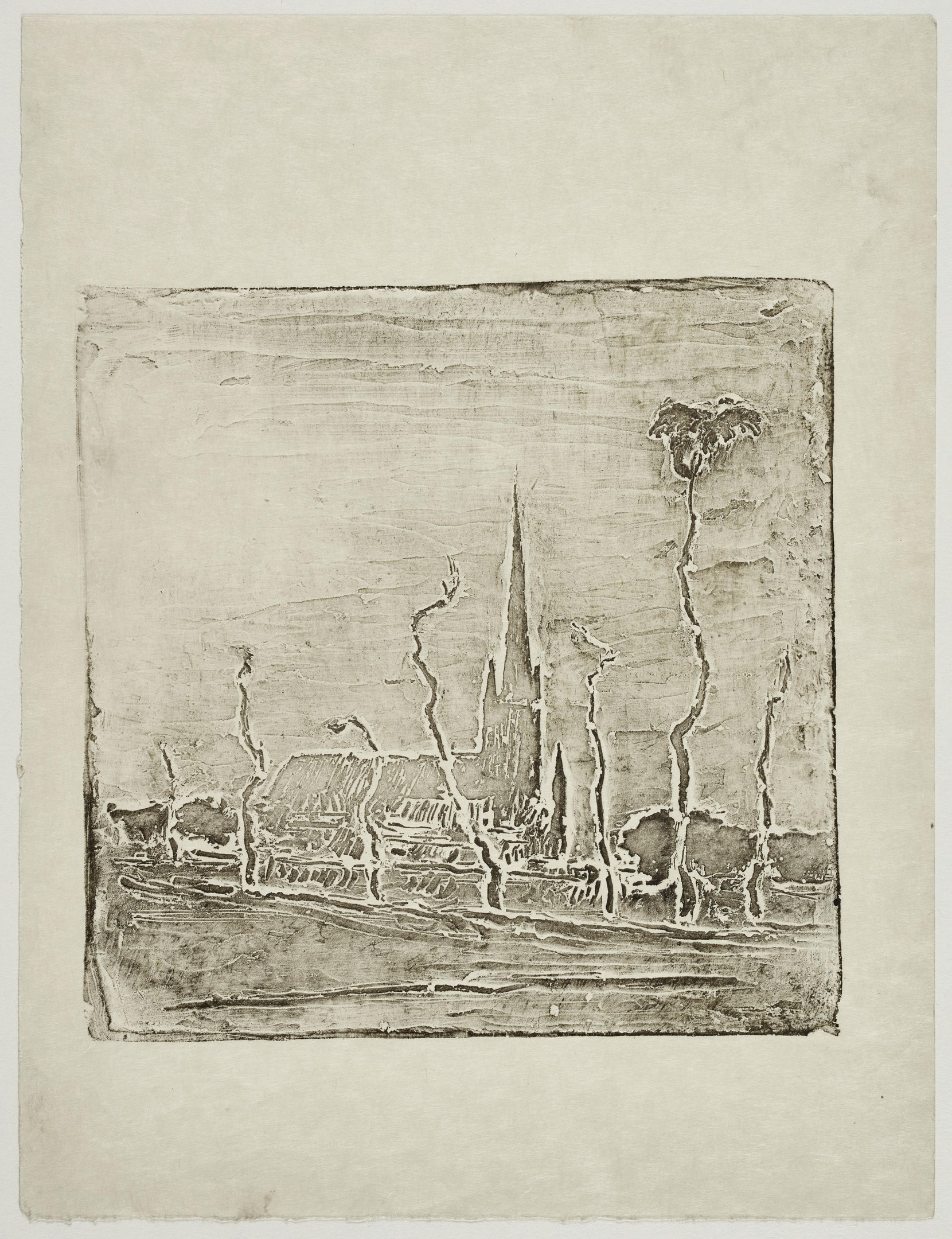 Schwarze und weiße Zeichnung einer Stadtlandschaft mit einer Kirche im Hintergrund auf einem Blatt Papier.